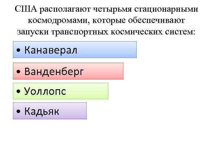 США располагают четырьмя стационарными космодромами, которые обеспечивают запуски транспортных космических систем: • Канаверал •