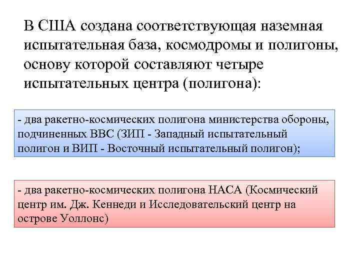 В США создана соответствующая наземная испытательная база, космодромы и полигоны, основу которой составляют четыре