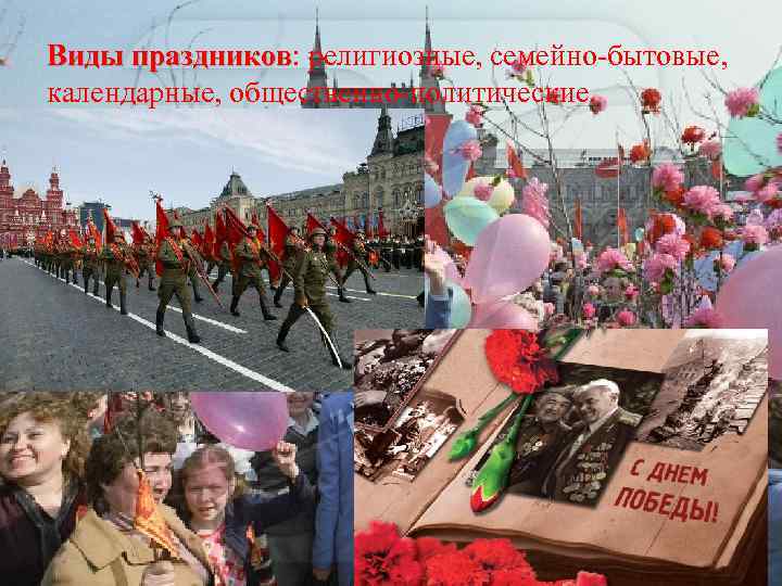 Виды праздников: религиозные, семейно-бытовые, праздников календарные, общественно-политические. 