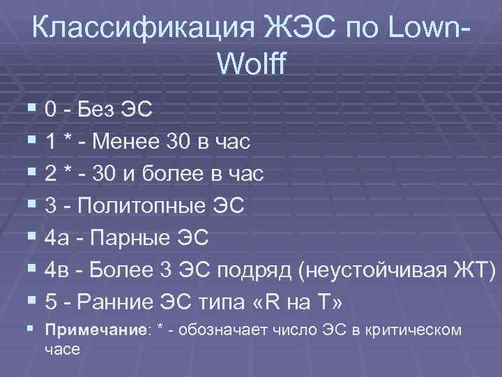 Классификация ЖЭС по Lown. Wolff § 0 - Без ЭС § 1 * -