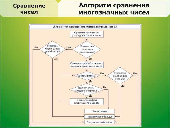 Сравнение чисел определение. Алгоритм сравнения многозначных чисел. Числовой алгоритм.