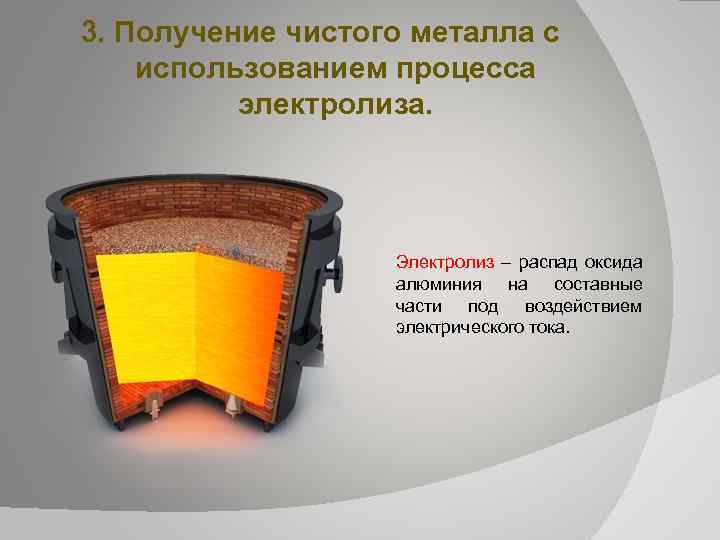 3. Получение чистого металла с использованием процесса электролиза. Электролиз – распад оксида алюминия на