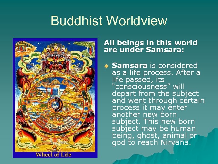 Buddhist Worldview All beings in this world are under Samsara: u Samsara is considered