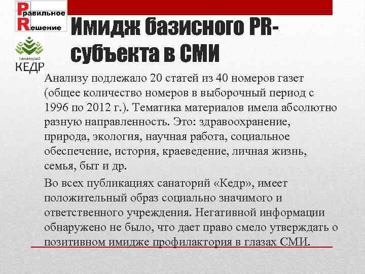 Имидж базисного PRсубъекта в СМИ Анализу подлежало 20 статей из 40 номеров газет (общее