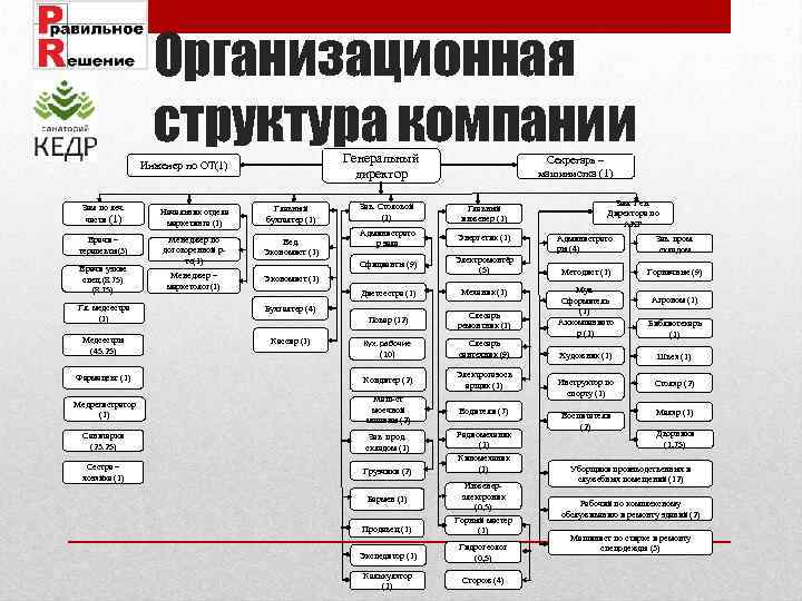 Организационная структура компании Генеральный директор Инженер по ОТ(1) Секретарь – машинистка (1) Зав. Столовой