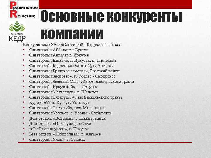 Основные конкуренты компании Конкурентами ЗАО «Санаторий «Кедр» » являются: • Санаторий «Айболит» г. Братск