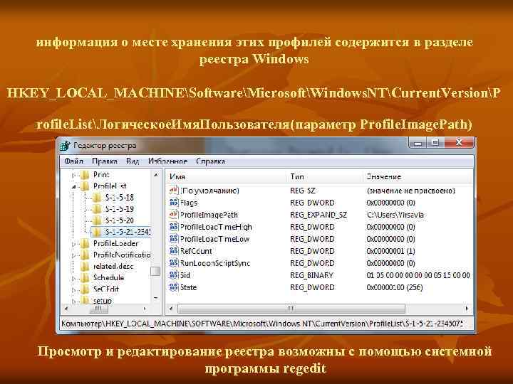 информация о месте хранения этих профилей содержится в разделе реестра Windows HKEY_LOCAL_MACHINESoftwareMicrosoftWindows. NTCurrent. VersionP