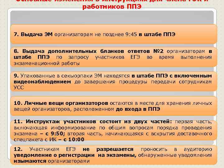 Основные изменения в инструкциях для члена ГЭК и работников ППЭ 7. Выдача ЭМ организаторам