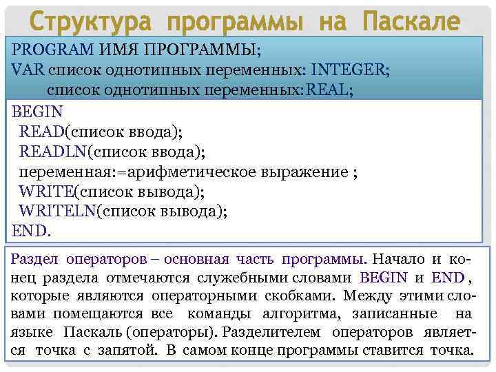 PROGRAM ИМЯ ПРОГРАММЫ; VAR список однотипных переменных: INTEGER; список однотипных переменных: REAL; BEGIN READ(список
