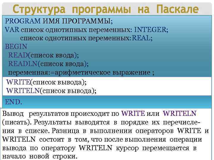 PROGRAM ИМЯ ПРОГРАММЫ; VAR список однотипных переменных: INTEGER; список однотипных переменных: REAL; BEGIN READ(список