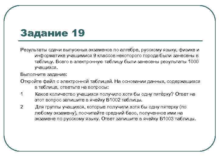 Задание 19 Результаты сдачи выпускных экзаменов по алгебре, русскому языку, физике и информатике учащимися