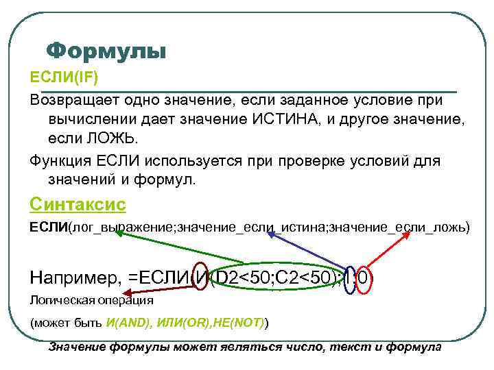 Формулы ЕСЛИ(IF) Возвращает одно значение, если заданное условие при вычислении дает значение ИСТИНА, и