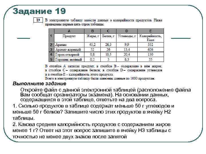 Задание 19 Выполните задание Откройте файл с данной электронной таблицей (расположение файла Вам сообщат
