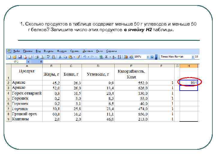 1. Сколько продуктов в таблице содержат меньше 50 г углеводов и меньше 50 г