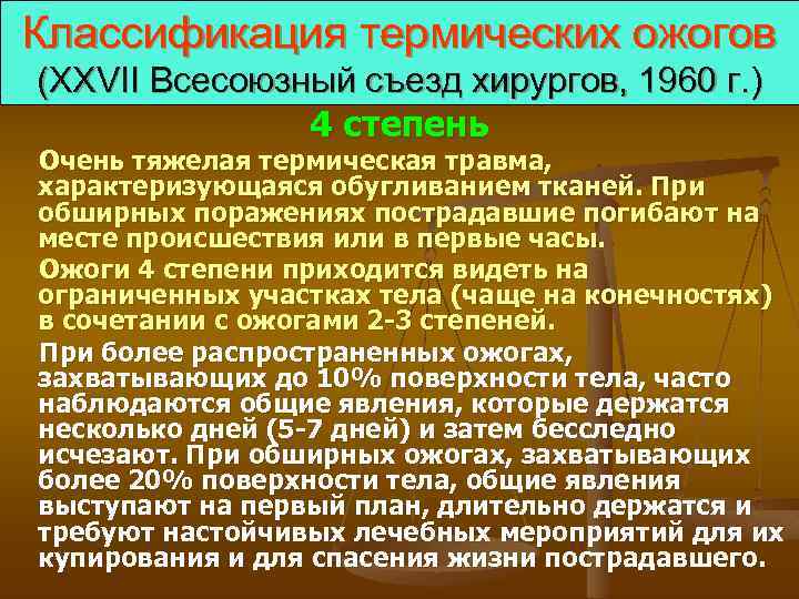 Классификация термических ожогов (XXVII Всесоюзный съезд хирургов, 1960 г. ) 4 степень Очень тяжелая