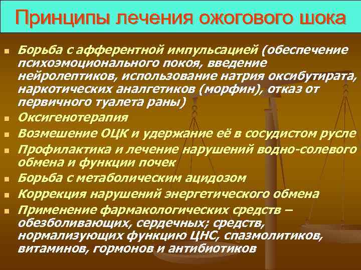 Принципы лечения ожогового шока n n n n Борьба с афферентной импульсацией (обеспечение психоэмоционального