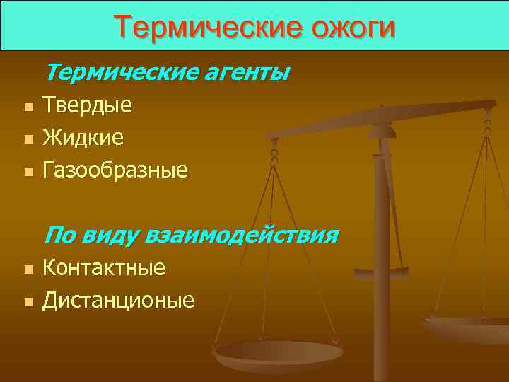 Термические ожоги Термические агенты n n n Твердые Жидкие Газообразные По виду взаимодействия n