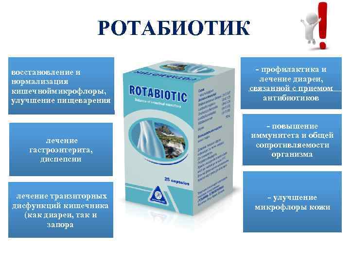 РОТАБИОТИК восстановление и нормализация кишечноймикрофлоры, улучшение пищеварения лечение гастроэнтерита, диспепсии лечение транзиторных дисфункций кишечника