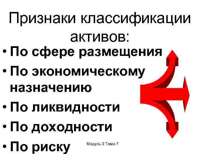 Признаки классификации активов: • По сфере размещения • По экономическому назначению • По ликвидности