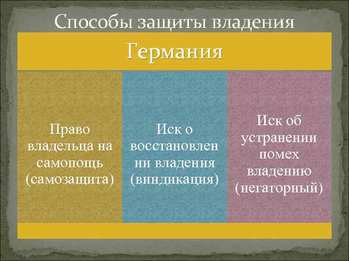 Способы защиты владения Германия Право владельца на самопощь (самозащита) Иск о восстановлен ии владения
