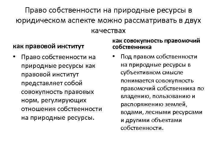 Право собственности на природные ресурсы в юридическом аспекте можно рассматривать в двух качествах как