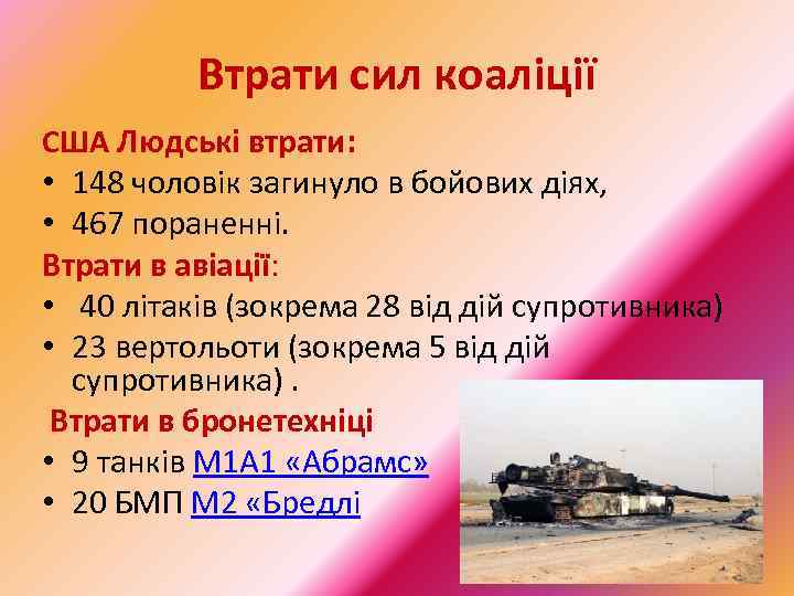 Втрати сил коаліції США Людські втрати: • 148 чоловік загинуло в бойових діях, •