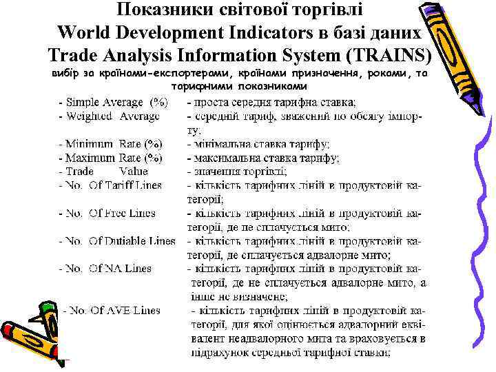 Показники світової торгівлі World Development Indicators в базі даних Trade Analysis Information System (TRAINS)