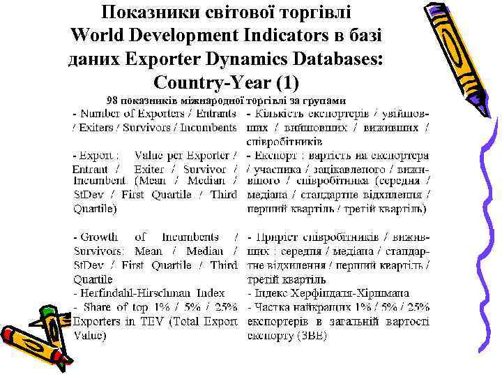 Показники світової торгівлі World Development Indicators в базі даних Exporter Dynamics Databases: Country-Year (1)