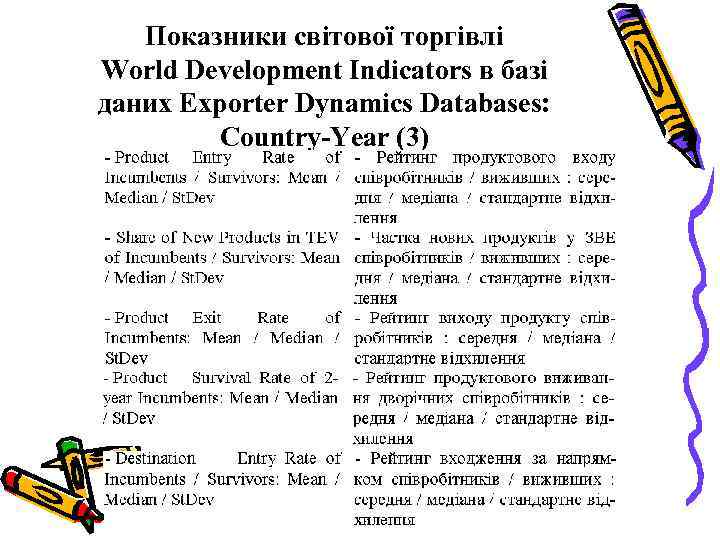 Показники світової торгівлі World Development Indicators в базі даних Exporter Dynamics Databases: Country-Year (3)