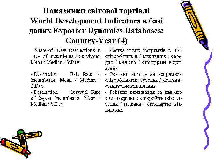 Показники світової торгівлі World Development Indicators в базі даних Exporter Dynamics Databases: Country-Year (4)