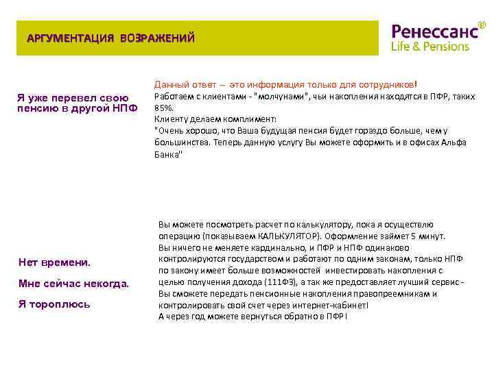 АРГУМЕНТАЦИЯ ВОЗРАЖЕНИЙ Я уже перевел свою пенсию в другой НПФ Нет времени. Мне сейчас