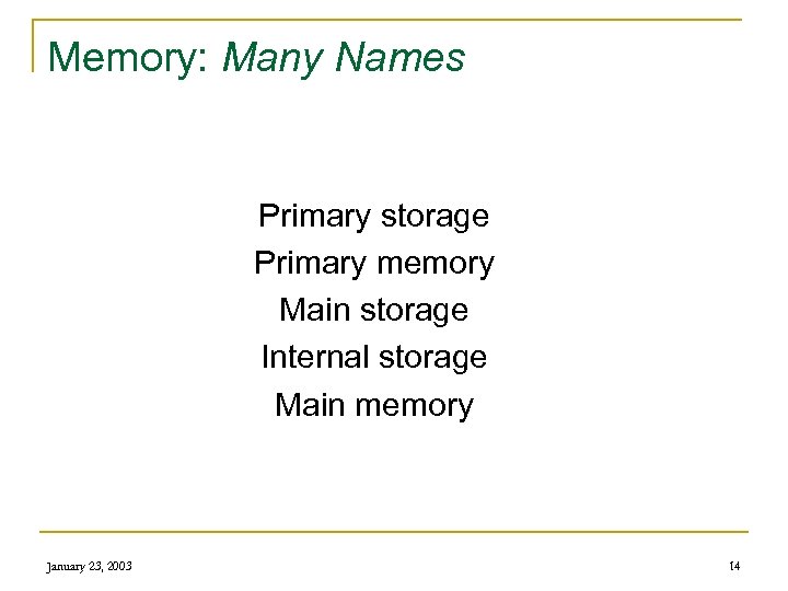 Memory: Many Names Primary storage Primary memory Main storage Internal storage Main memory January