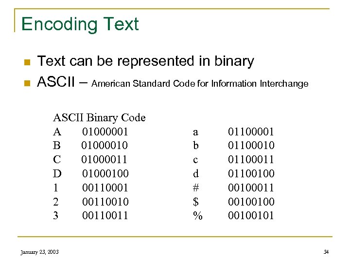 Encoding Text n n Text can be represented in binary ASCII – American Standard