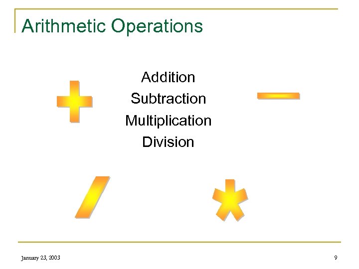 Arithmetic Operations Addition Subtraction Multiplication Division January 23, 2003 9 