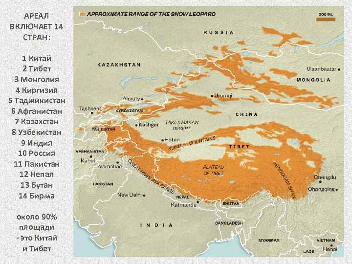 АРЕАЛ ВКЛЮЧАЕТ 14 СТРАН: 1 Китай 2 Тибет 3 Монголия 4 Киргизия 5 Таджикистан