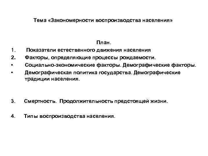 Тема «Закономерности воспроизводства населения» 1. 2. • • План. Показатели естественного движения населения Факторы,