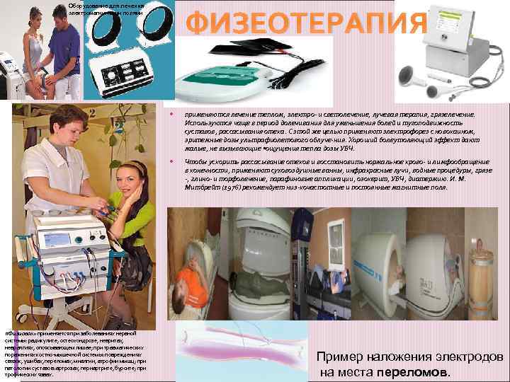 Оборудование для лечения электромагнитными полями ФИЗЕОТЕРАПИЯ применяются лечение теплом, электро и светолечение, лучевая терапия,