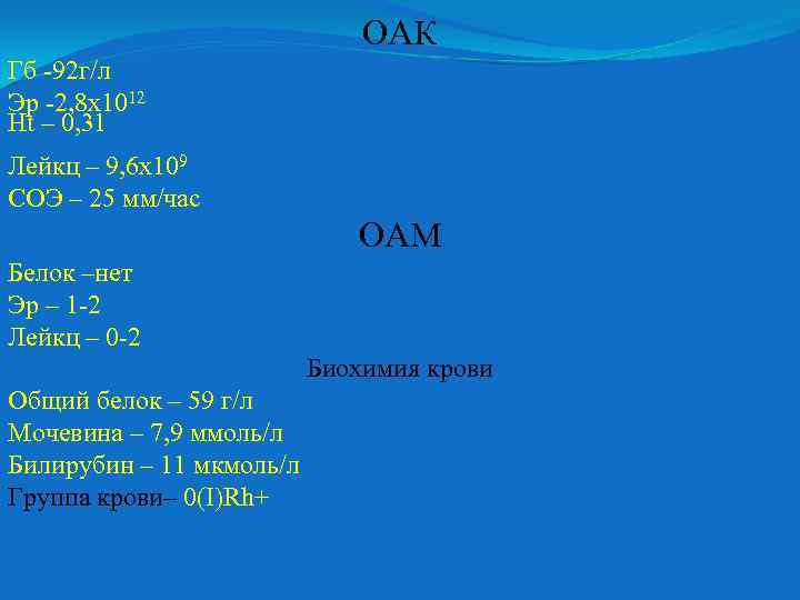 ОАК Гб -92 г/л Эр -2, 8 х1012 Ht – 0, 31 Лейкц –