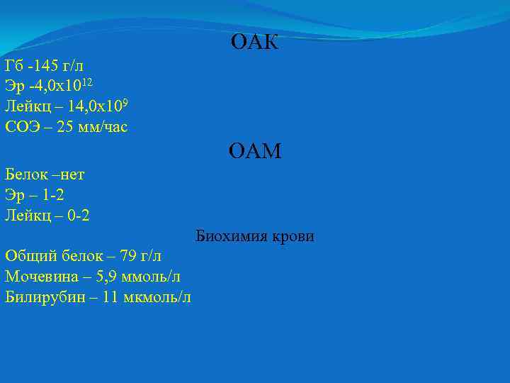 ОАК Гб -145 г/л Эр -4, 0 х1012 Лейкц – 14, 0 х109 СОЭ