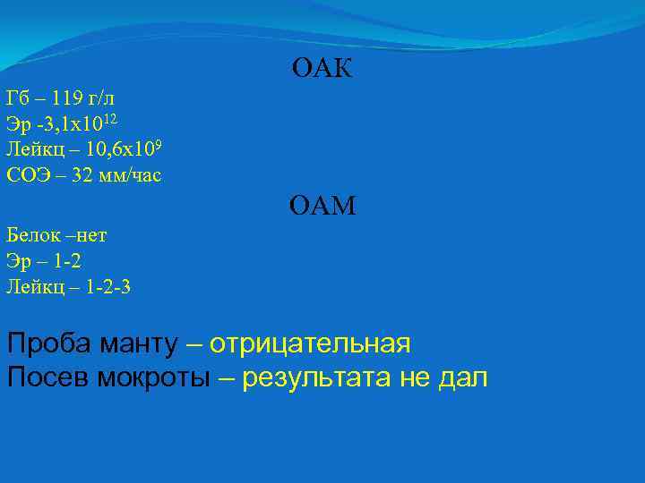 ОАК Гб – 119 г/л Эр -3, 1 х1012 Лейкц – 10, 6 х109