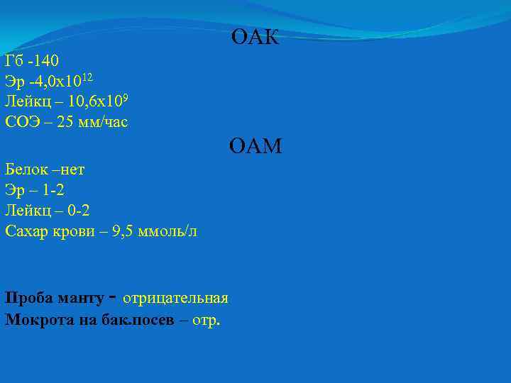 ОАК Гб -140 Эр -4, 0 х1012 Лейкц – 10, 6 х109 СОЭ –