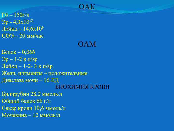 ОАК Гб – 150 г/л Эр - 4, 3 х1012 Лейкц – 14, 6