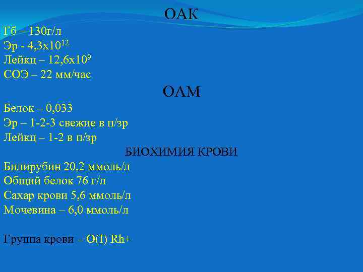 ОАК Гб – 130 г/л Эр - 4, 3 х1012 Лейкц – 12, 6