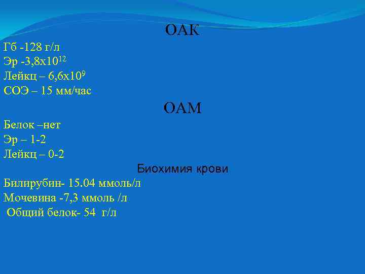 ОАК Гб -128 г/л Эр -3, 8 х1012 Лейкц – 6, 6 х109 СОЭ