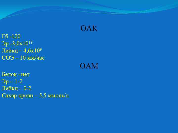 ОАК Гб -120 Эр -3, 0 х1012 Лейкц – 4, 6 х109 СОЭ –