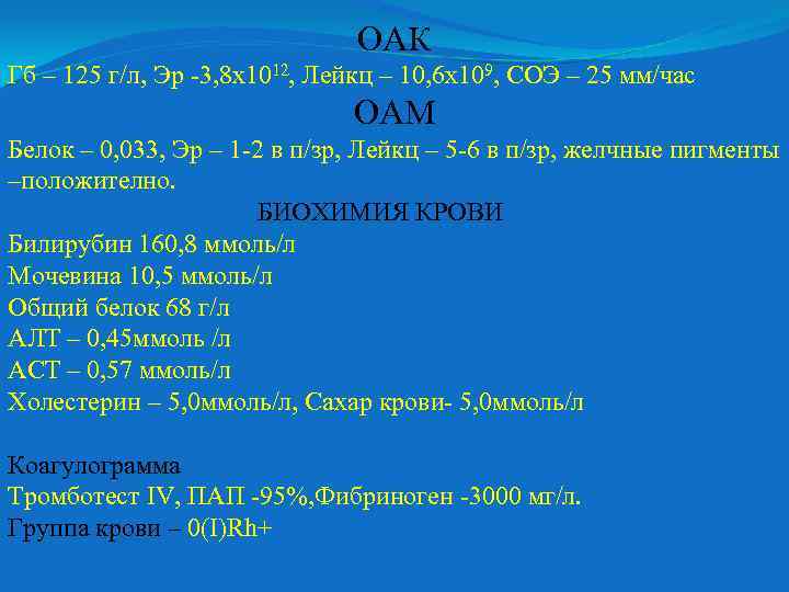 ОАК Гб – 125 г/л, Эр -3, 8 х1012, Лейкц – 10, 6 х109,