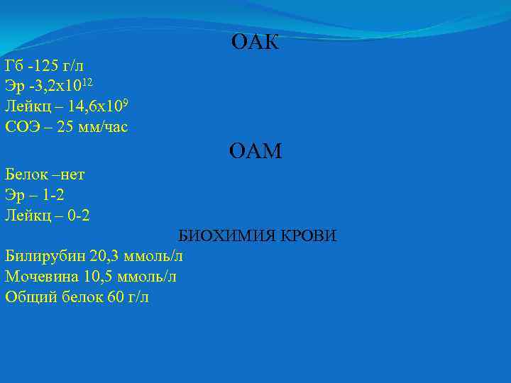 ОАК Гб -125 г/л Эр -3, 2 х1012 Лейкц – 14, 6 х109 СОЭ