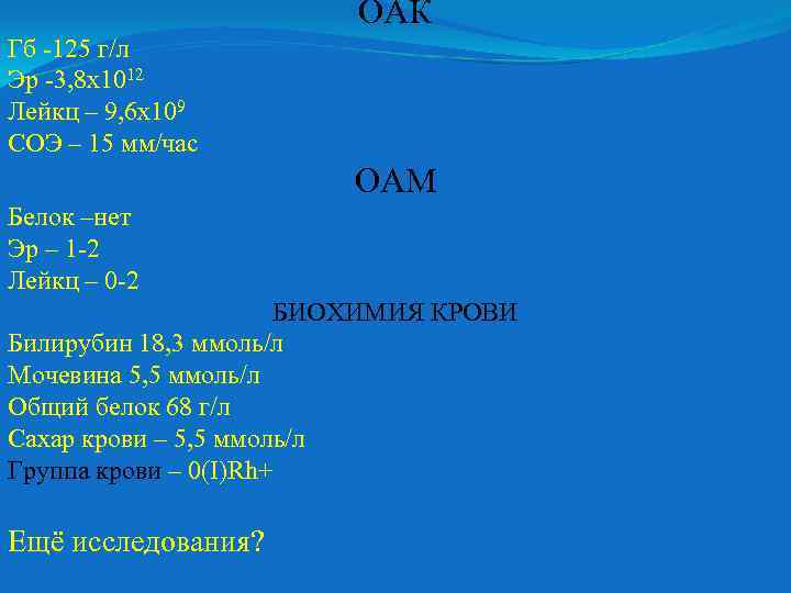 ОАК Гб -125 г/л Эр -3, 8 х1012 Лейкц – 9, 6 х109 СОЭ