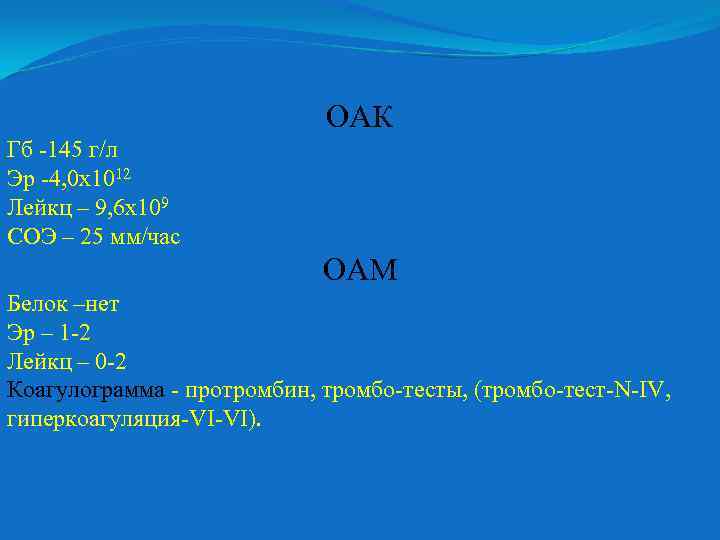 ОАК Гб -145 г/л Эр -4, 0 х1012 Лейкц – 9, 6 х109 СОЭ