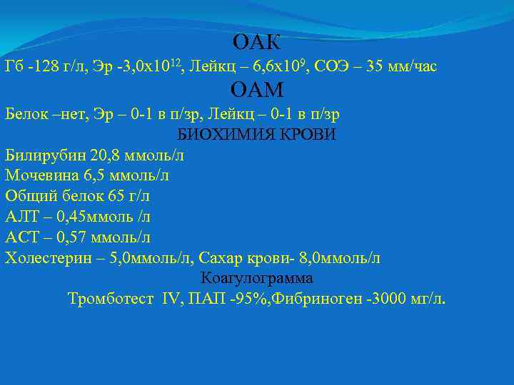 ОАК Гб -128 г/л, Эр -3, 0 х1012, Лейкц – 6, 6 х109, СОЭ